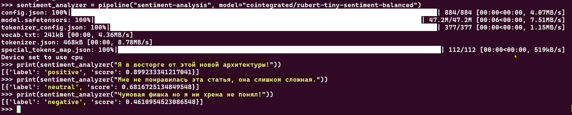 Transformers для анализа тональности отзывов Пример 2