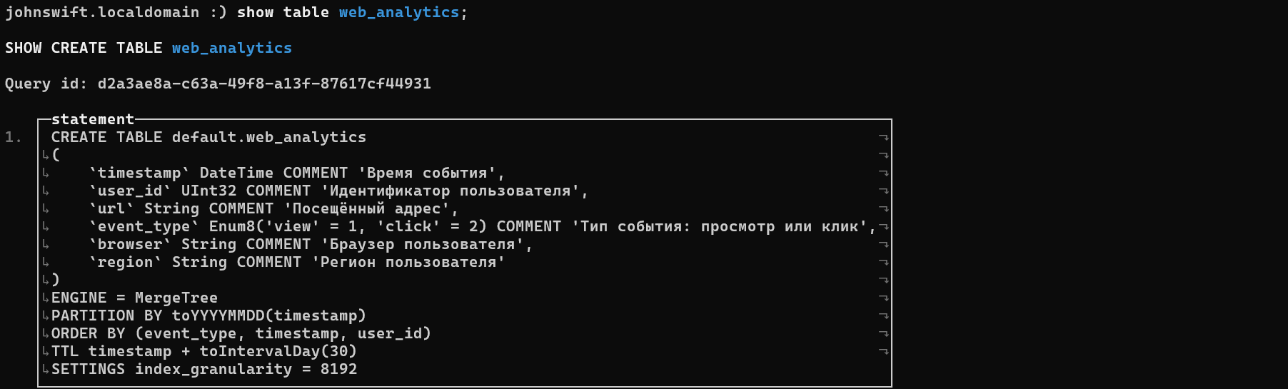 Cursor AI generated scrip DDL for ClickHouse