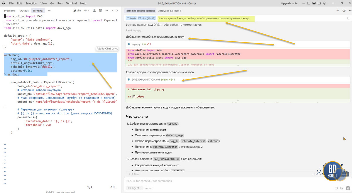 Возможности документирования кода и объяснения DAG c помощью Cursor IDE