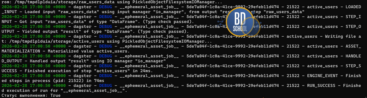 Результаты тестового прогона dagster в CLI