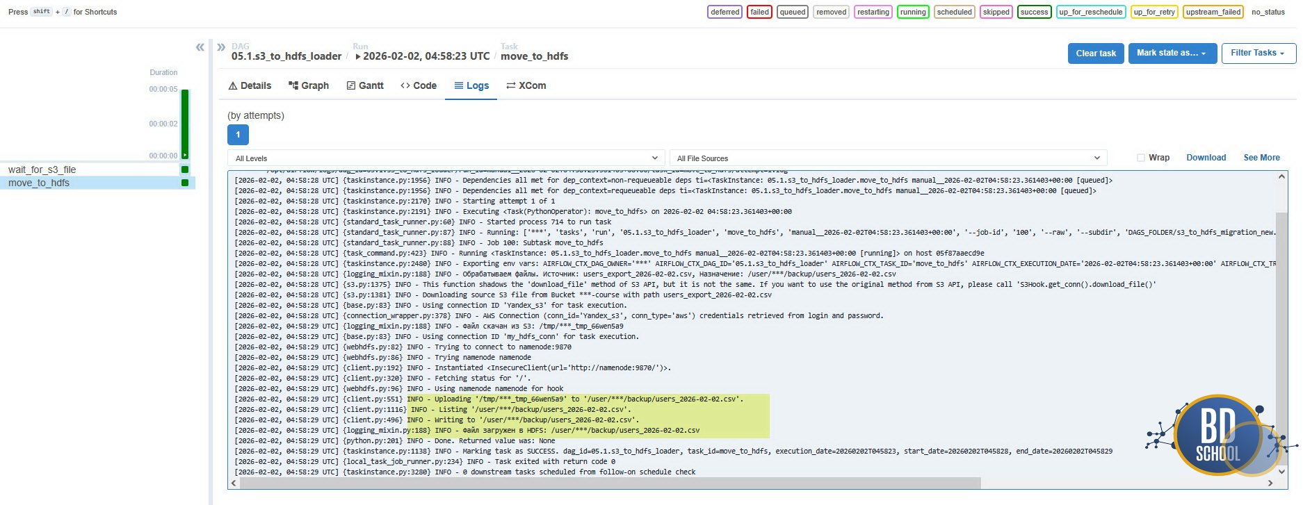 Разбор лога исполнения Dag по загрузке с s3 на WebHDFS Airflow
