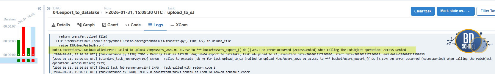 Ошибка s3uploadFailed при отсутствии bucket на S3 для загрузки данных Dag Airflow