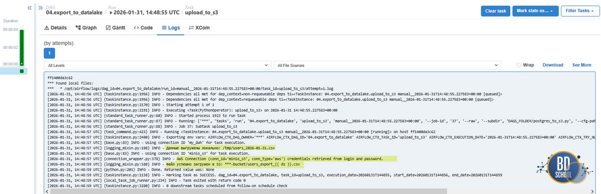 Лог выполнения DAG для выгрузки данных из PostgreSQL в S# MinIO AirFlow