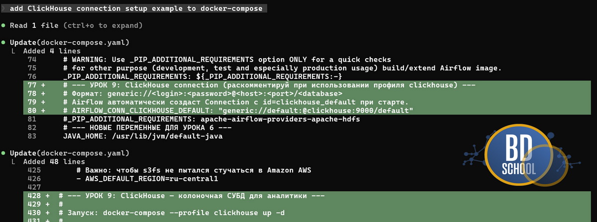 Взаимодействие в Claude code между инфраструктурой Docker, Apache Airflow и ClickHouseб с документирование и кодогенерацией
