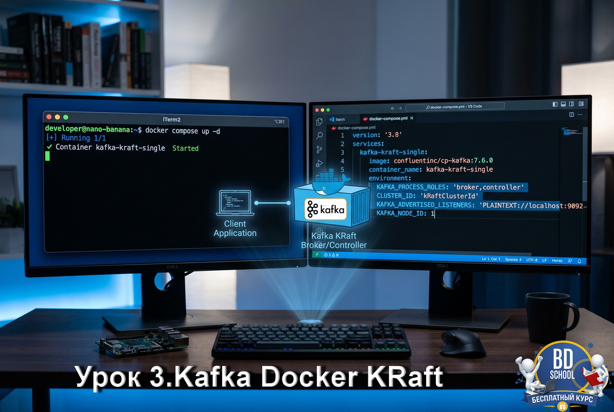 Изучаем Apache Kafka с нуля. Урок 3. Kafka Docker KRaft. Однонодовый кластер