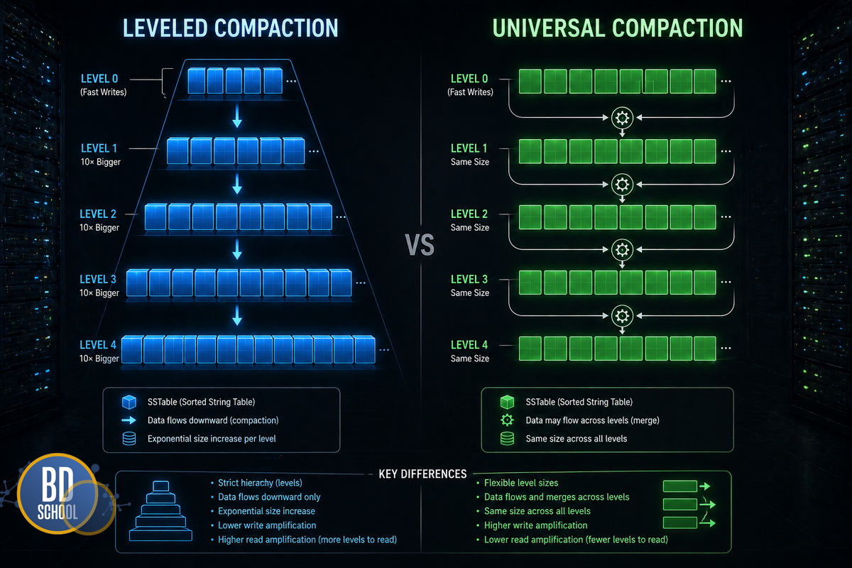 Графическое сравнение стратегий Leveled Compaction и Universal Compaction, отображающее разницу в распределении файлов SSTable и потреблении ресурсов дискового ввода-вывода при высокой нагрузке в Big Data проектах.