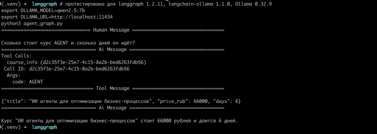 LangGraph, вывод прогона агента с вызовом инструмента course_info на модели qwen2.5:7b