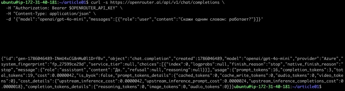 Результата работы smoke test для проверки API OpenRouter