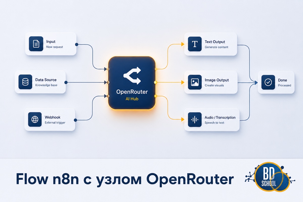 как настроить Флоу n8n с узлом OpenRouter: текст, картинки и транскрипция через один ключ - практические рекомендации по настройке от "Школы Больших Данных"