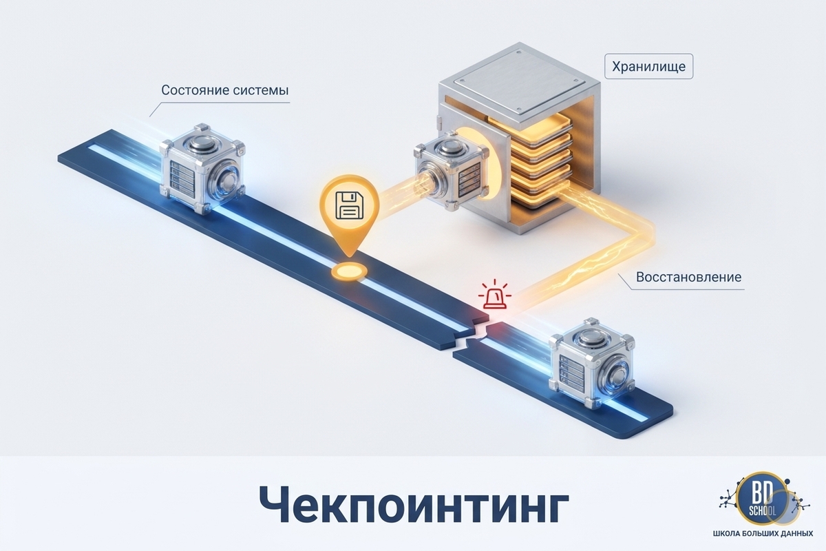 Чекпоинтинг, сохранение снимка состояния системы в момент времени для восстановления работы после сбоя без потери прогресса