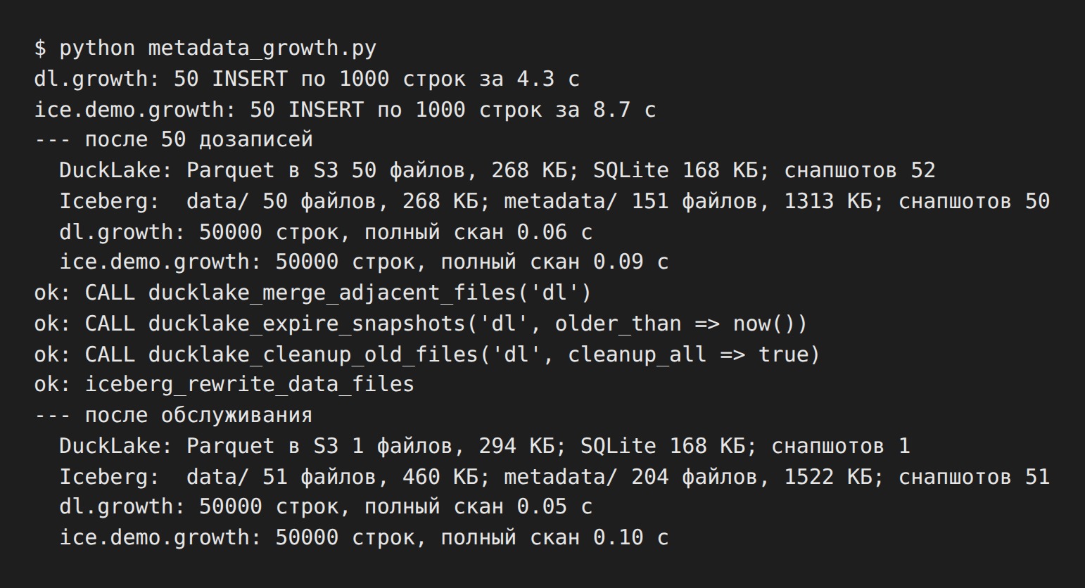 Вывод metadata_growth.py: после 50 дозаписей Iceberg держит 151 файл метаданных в S3, DuckLake только SQLite; после обслуживания у DuckLake один файл и один снапшот