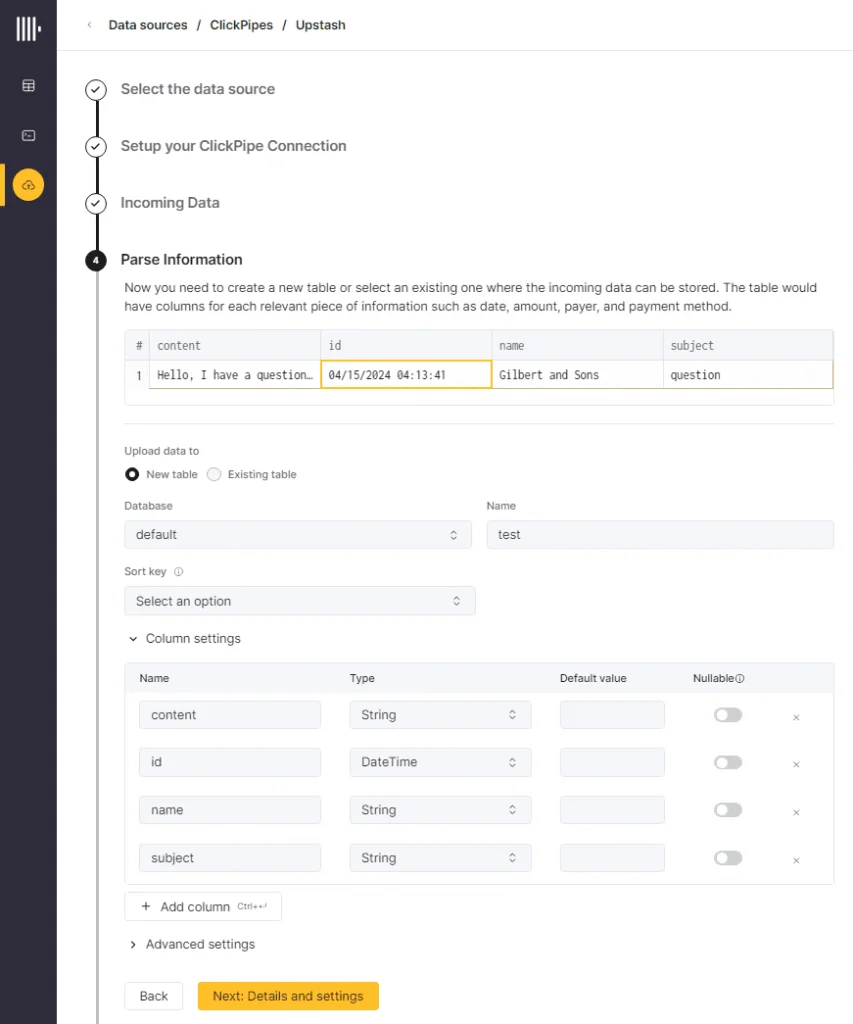 Определение типов данных по столбцам таблицы ClickHouse